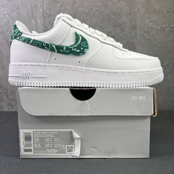 Nike Air Force 1 '07 ESS Green Paisley White Size 10 Womens Sneakers - Picture 1 of 11